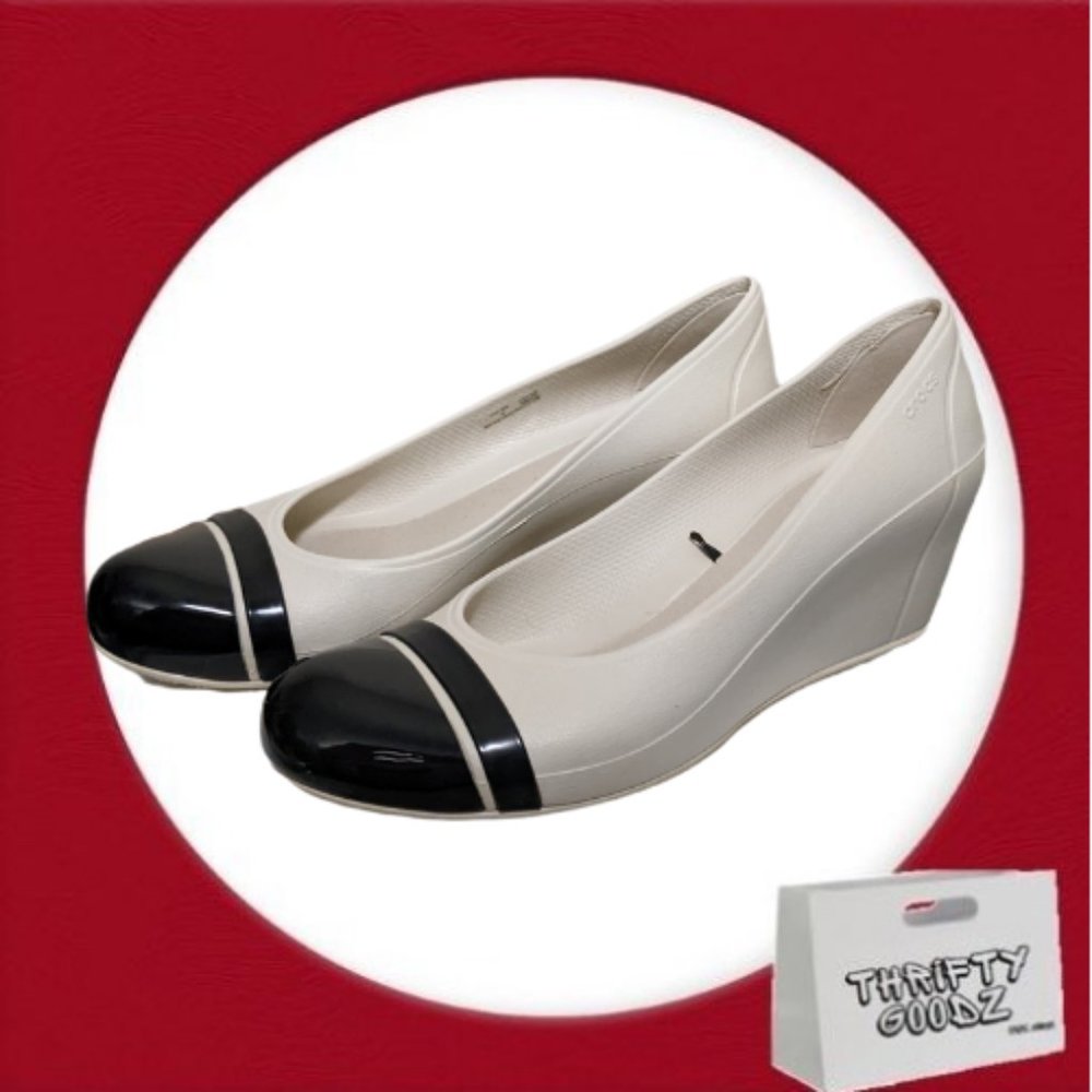 Black and (off) White CROCS Women's Cap Toe Wedge Sz 9